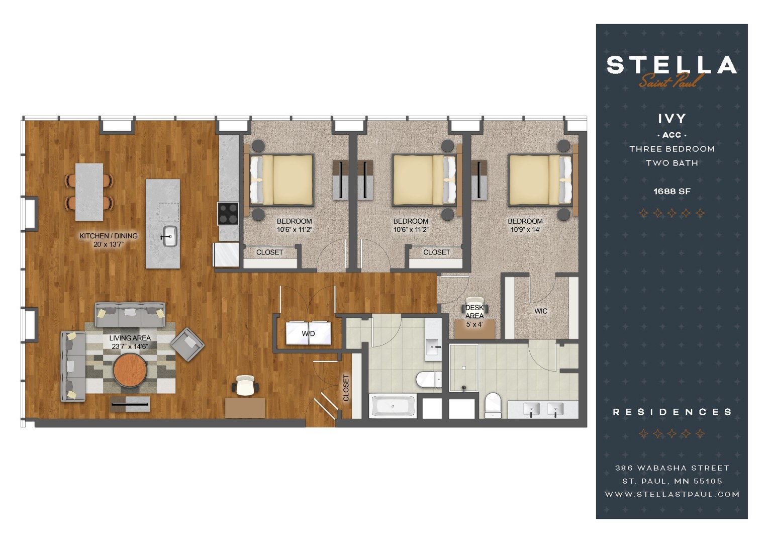 A floor plan of a Stella Ivy apartment with three bedrooms and two bathrooms.