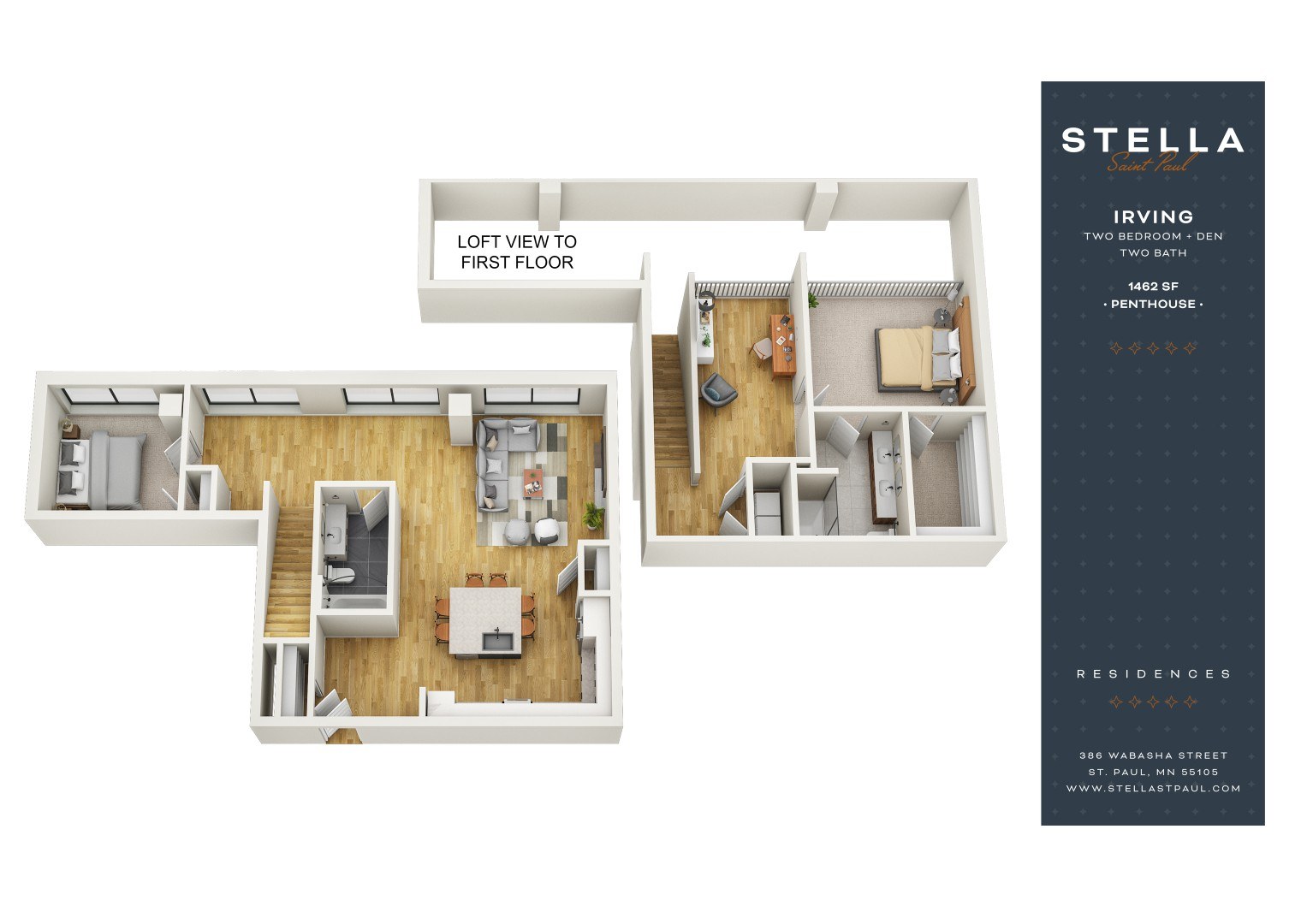 A floor plan of a two bedroom, two bath apartment with a living room, kitchen, and two bathrooms.