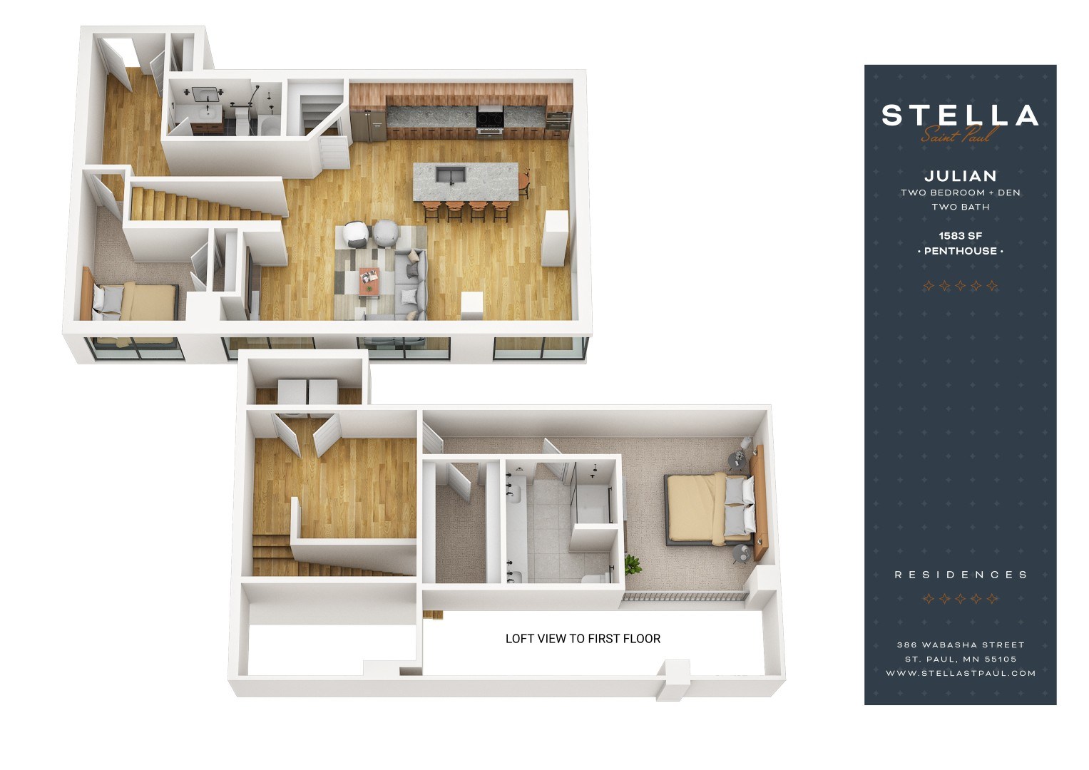 A floor plan of a Stella Residence showing two bedrooms and two bathrooms.