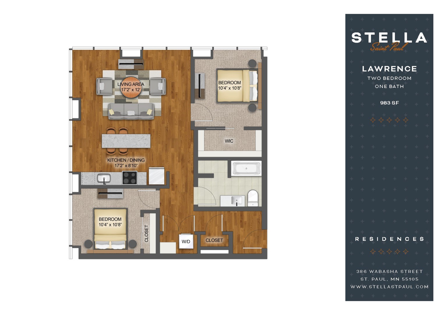 A floor plan of a Stella Lawrence residence showing two bedrooms, one bathroom, and a kitchen.