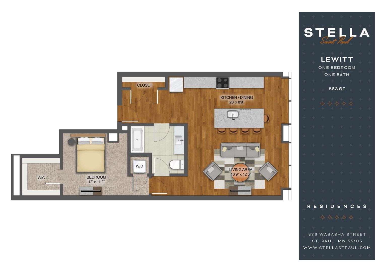 A floor plan of a one bedroom apartment in Stella Residences.