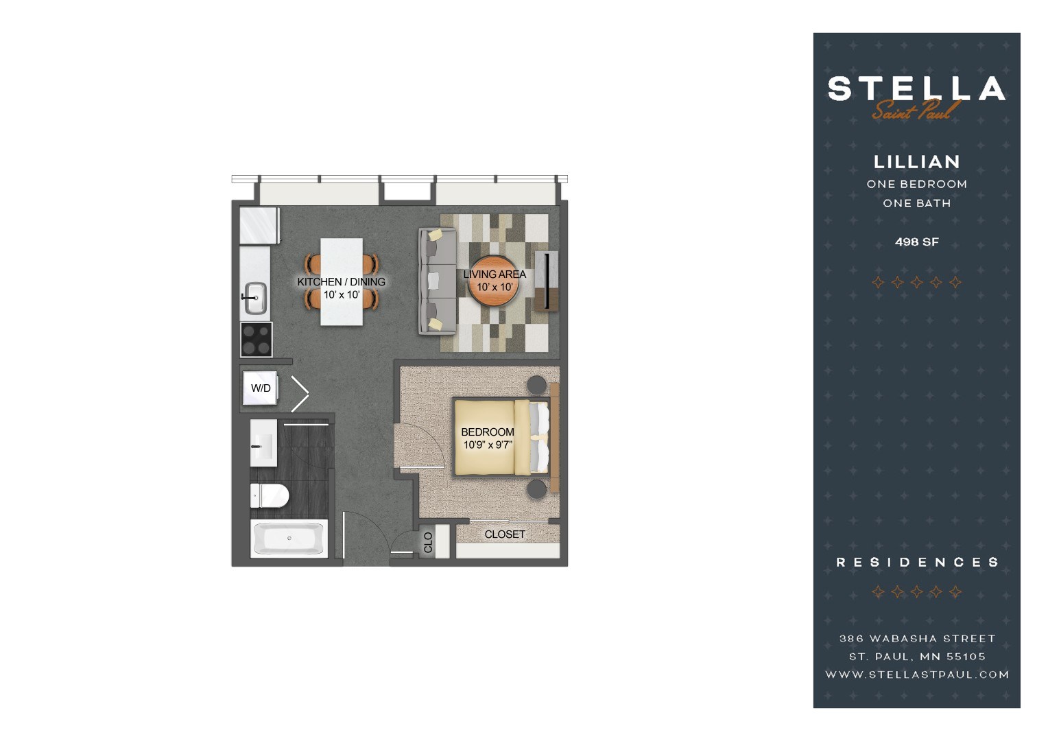 A floor plan for a one bedroom apartment with one bath and a kitchen.