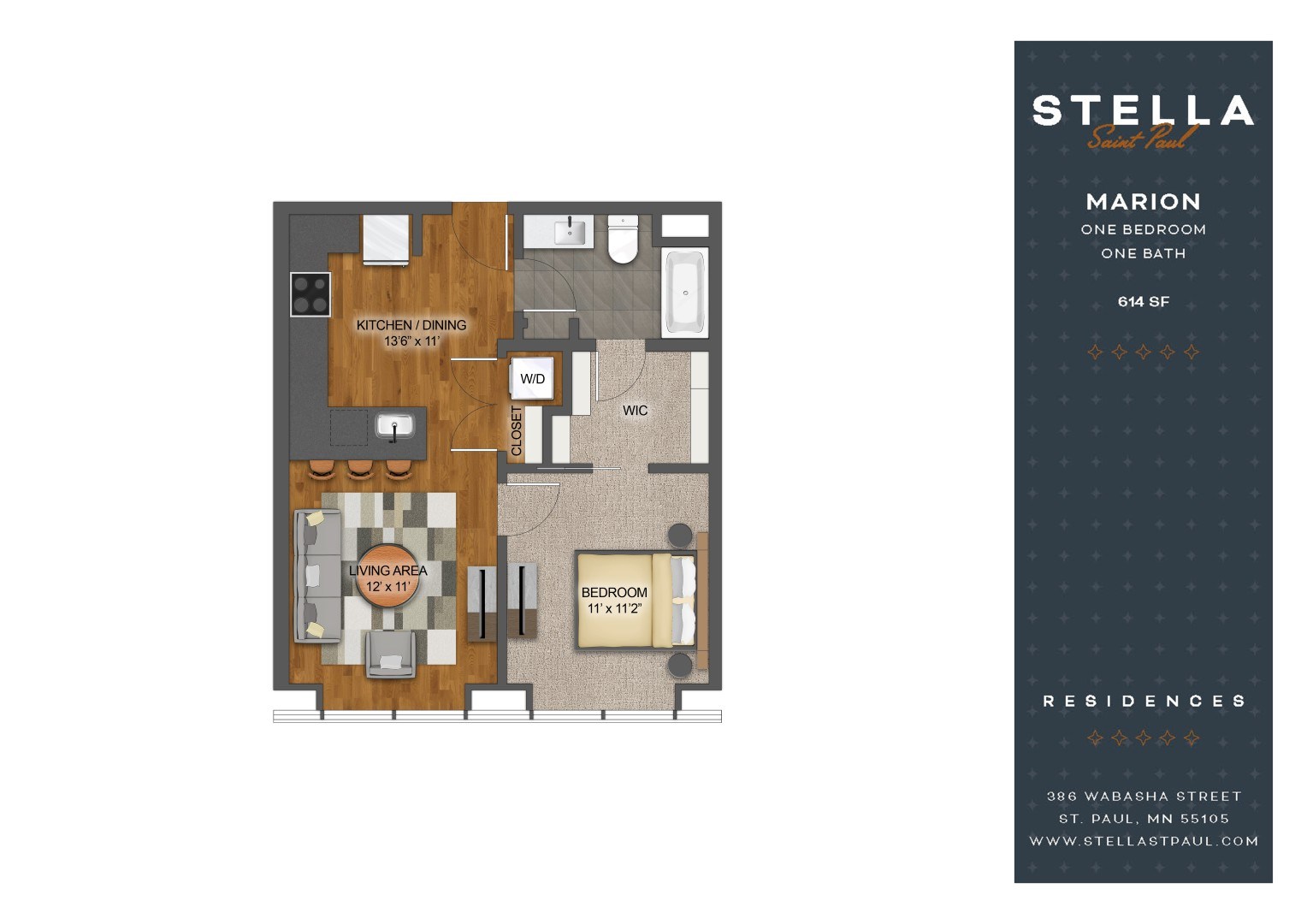 A floor plan for a one bedroom apartment at Stella Residences.