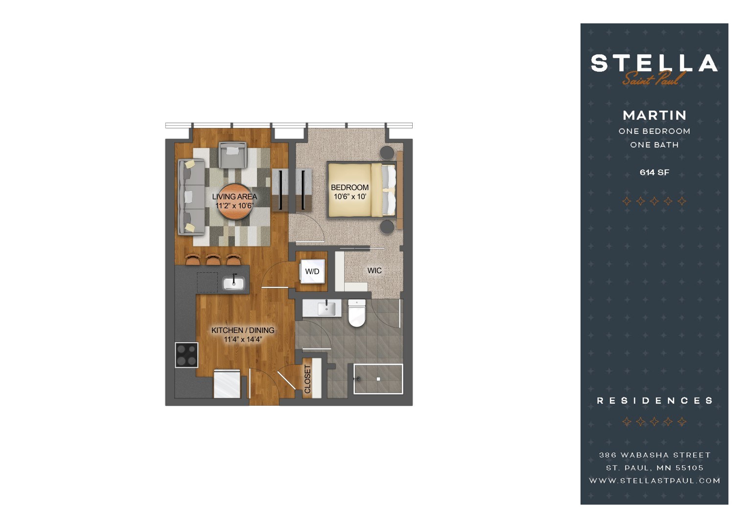 A floor plan of a one bedroom apartment with a living area, kitchen, bathroom, and bedroom.