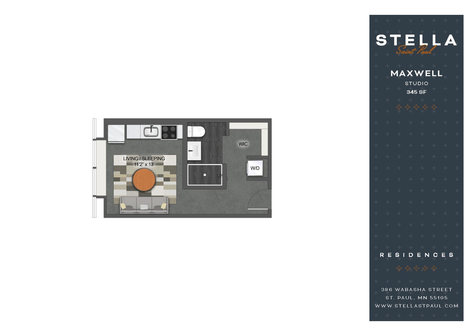 A floor plan for a Stella Maxwell studio apartment is shown.