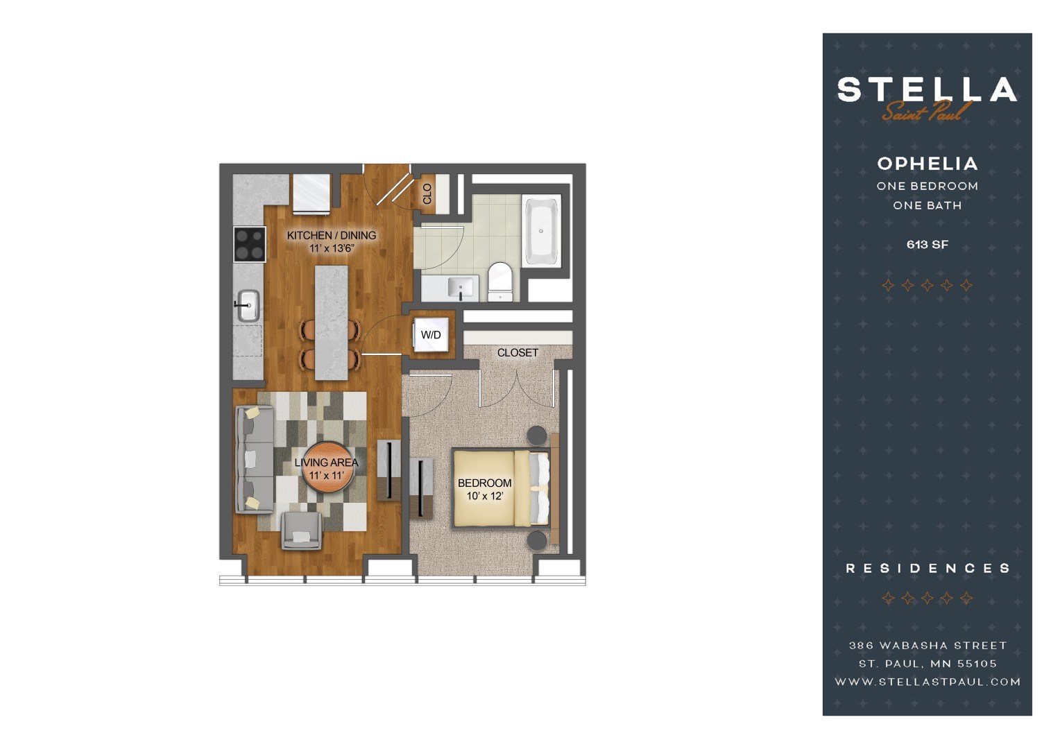 A floor plan for a one bedroom apartment with a living area and a bedroom.