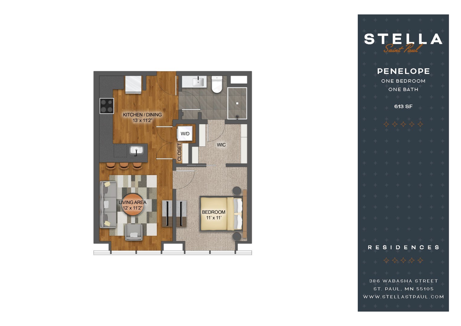A floor plan of a one bedroom, one bathroom apartment.