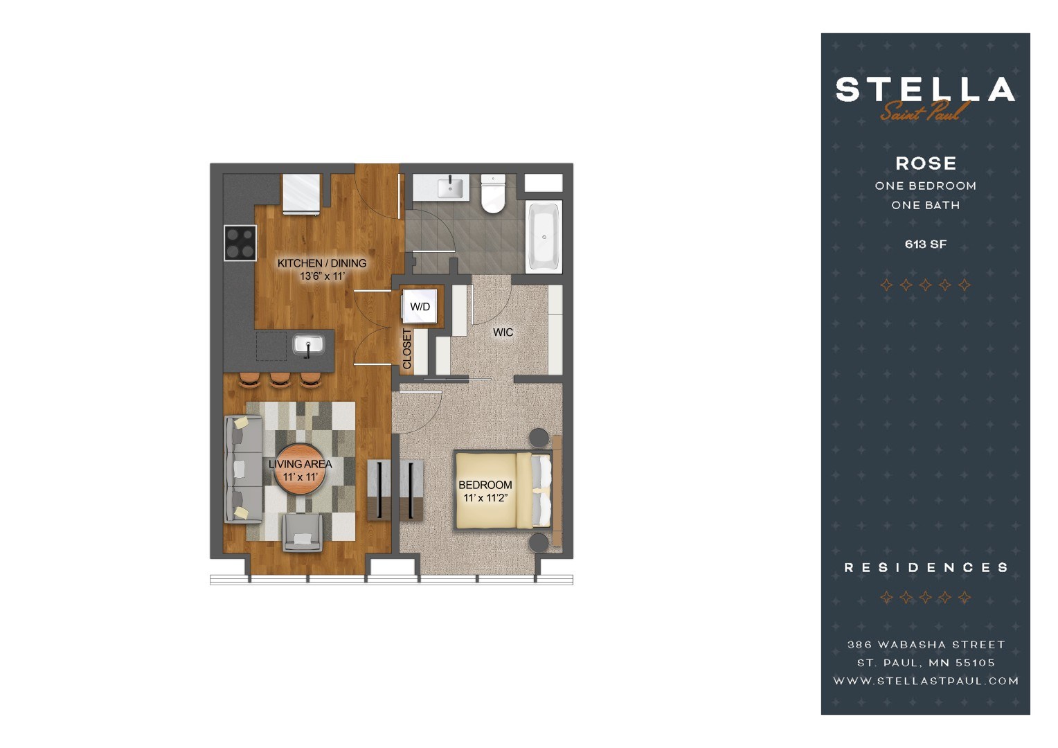 A floor plan of a one bedroom apartment with a kitchen, living room, and bathroom.