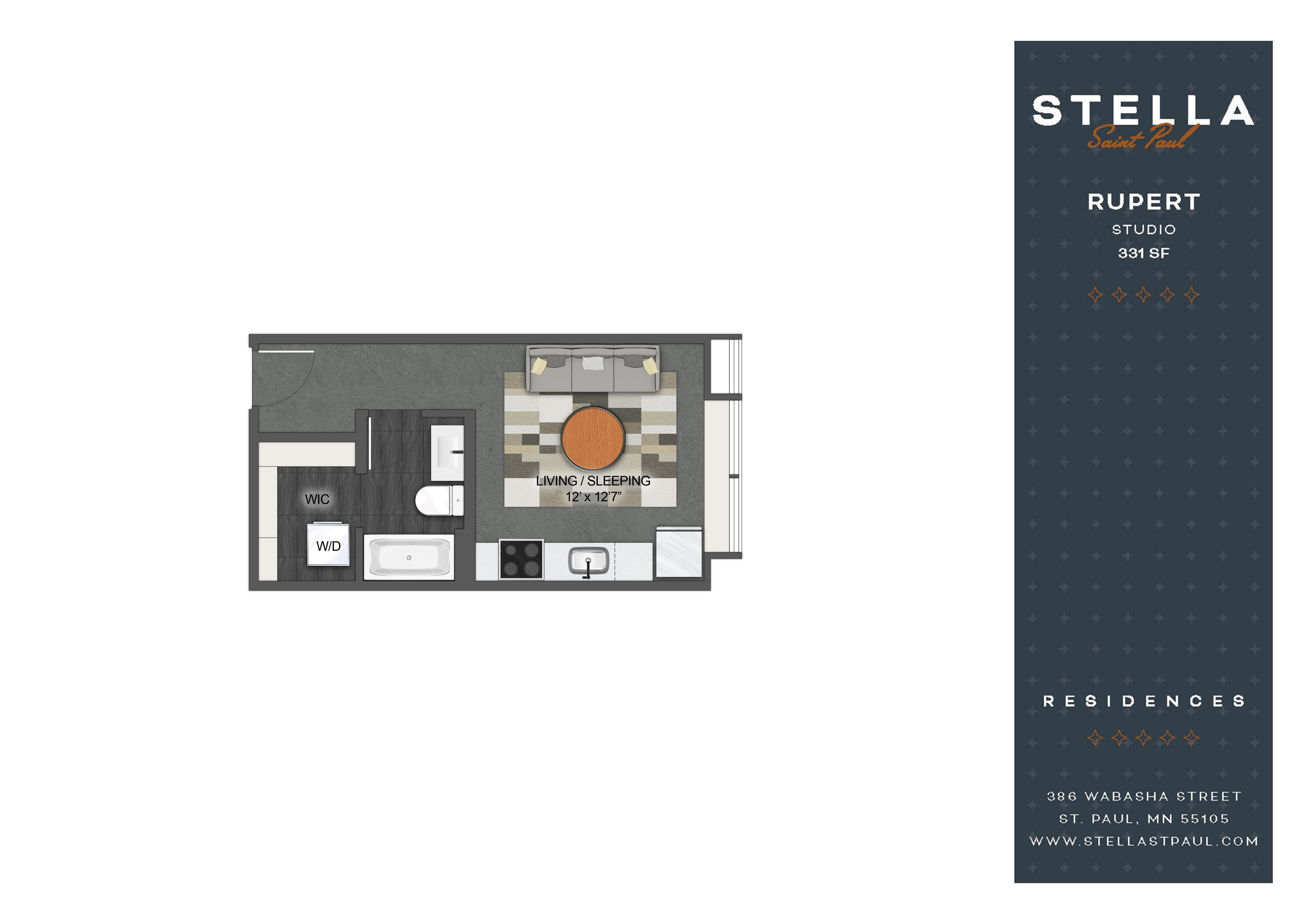 Studio Rupert Floor Plan at Stella St. Paul Apartments, St. Paul
