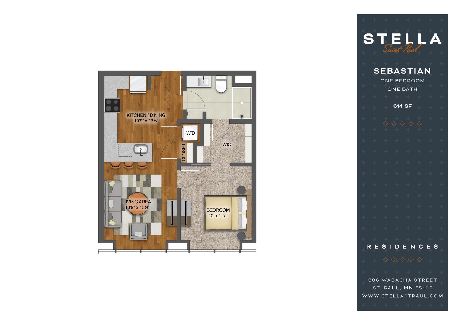 A floor plan of a one bedroom apartment with a kitchen and living room.