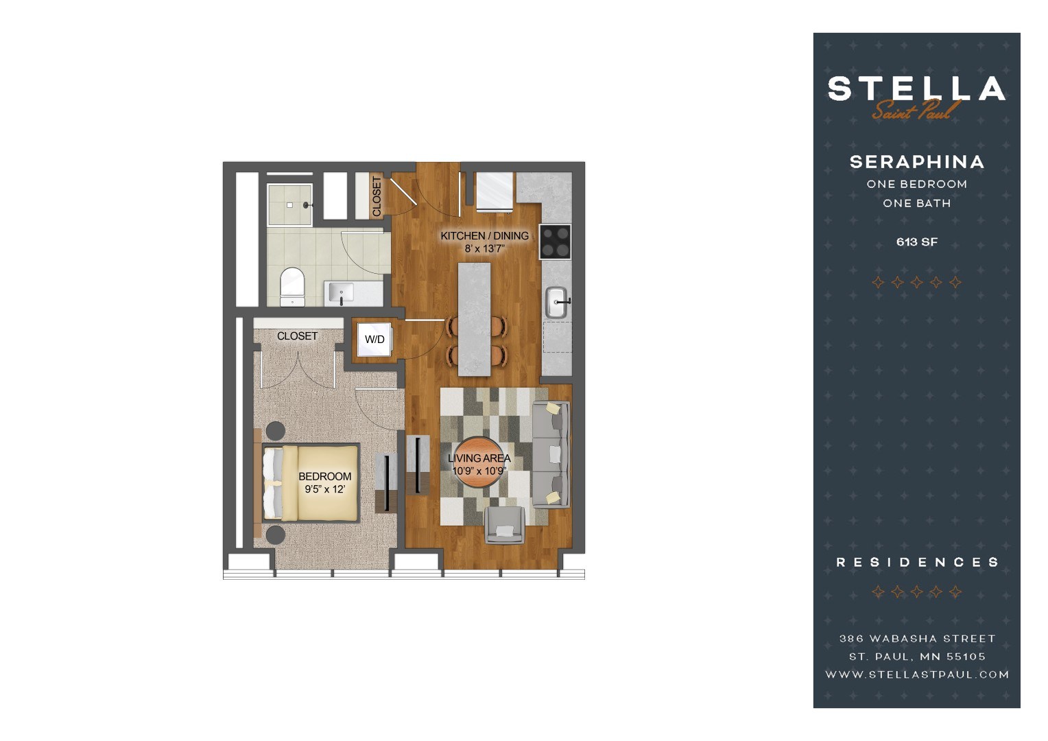 A floor plan for a Stella Seraphina residence showing a bedroom, bathroom, kitchen, and living room.