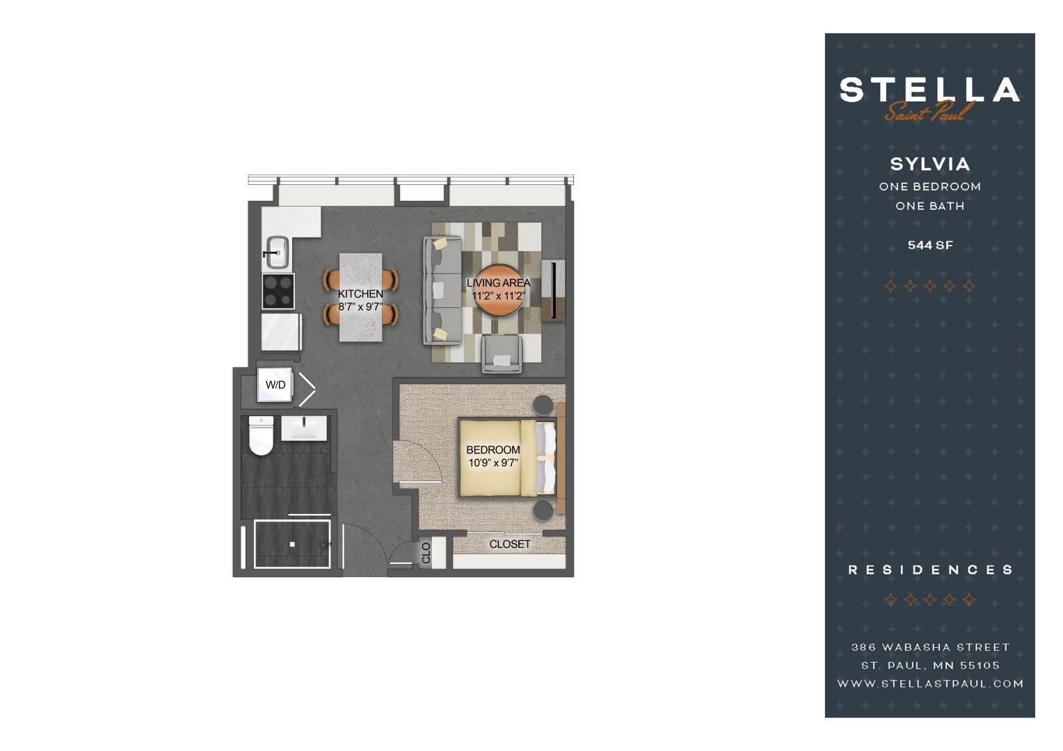 A floor plan of a one bedroom apartment with a kitchen and bathroom.