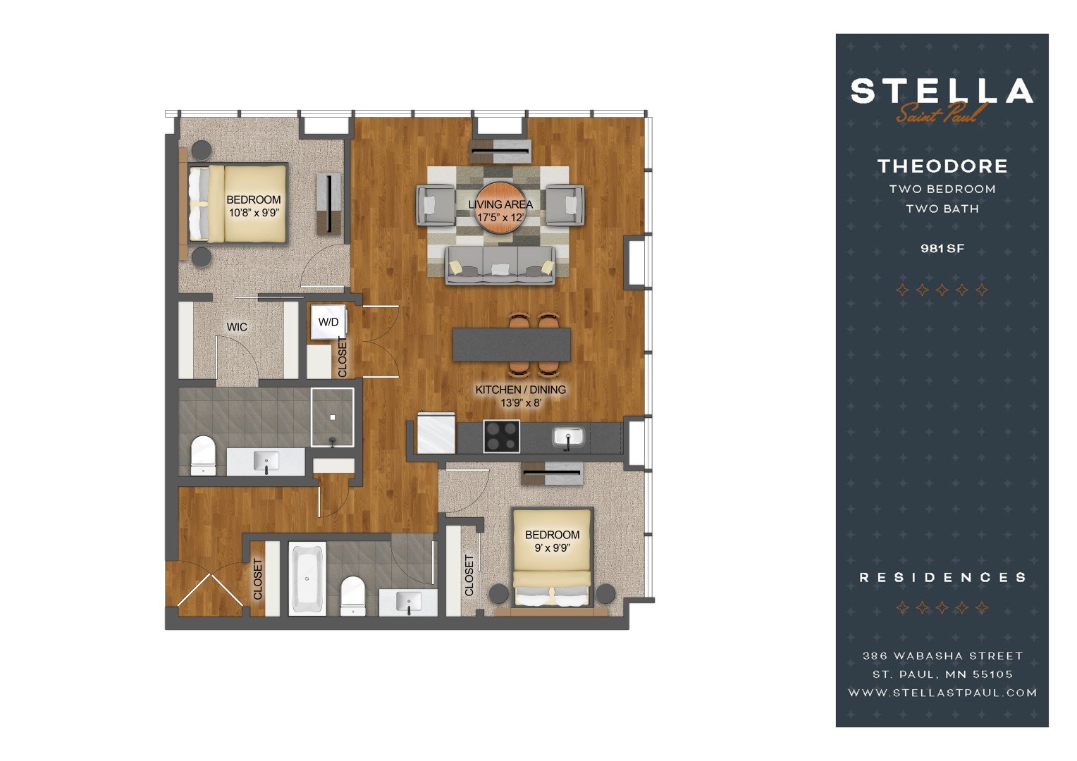 A floor plan of a Theodore residence with two bedrooms and two bathrooms.
