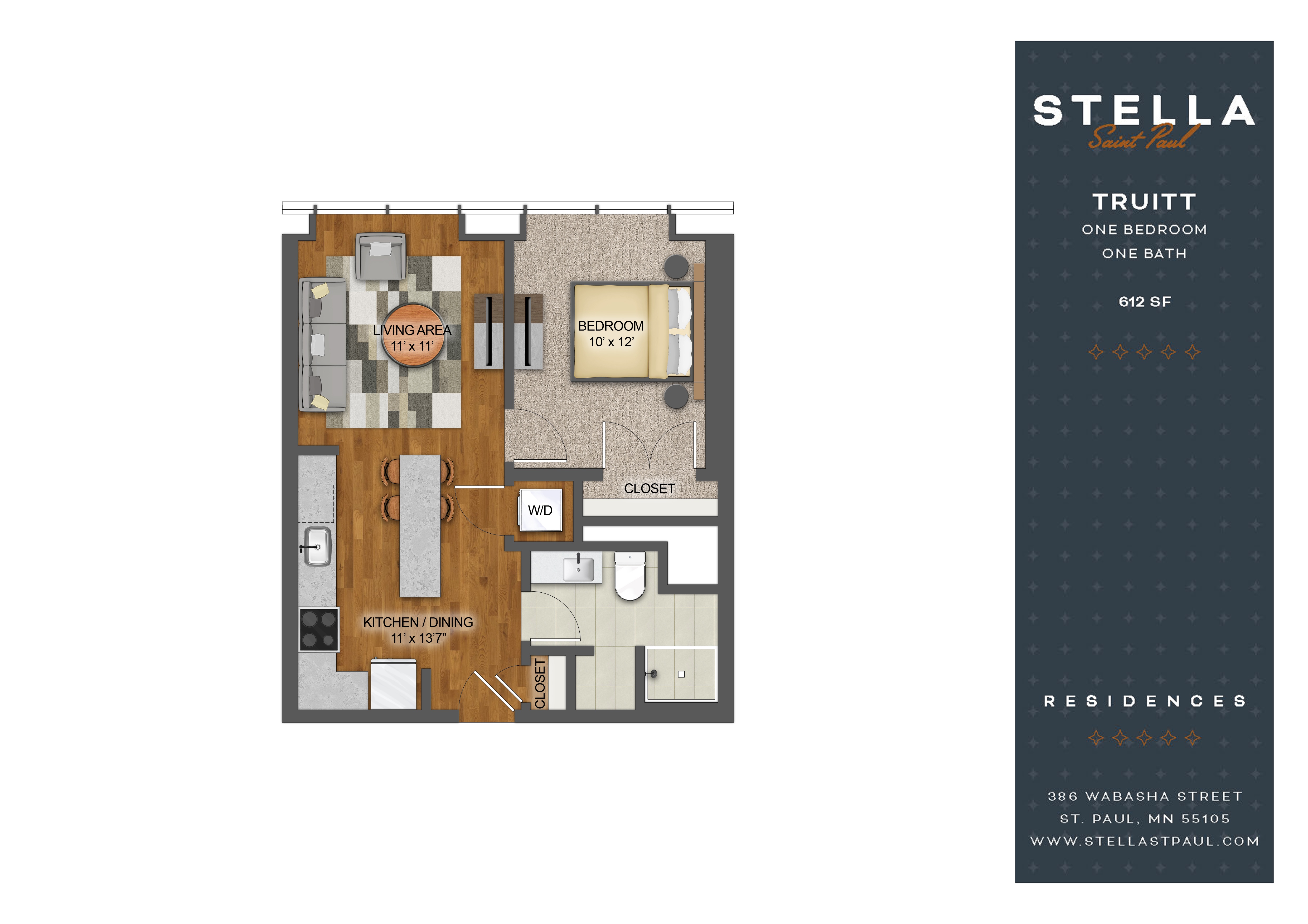1Bd 1Bth C Floor Plan at Stella St. Paul Apartments, St. Paul, 55102