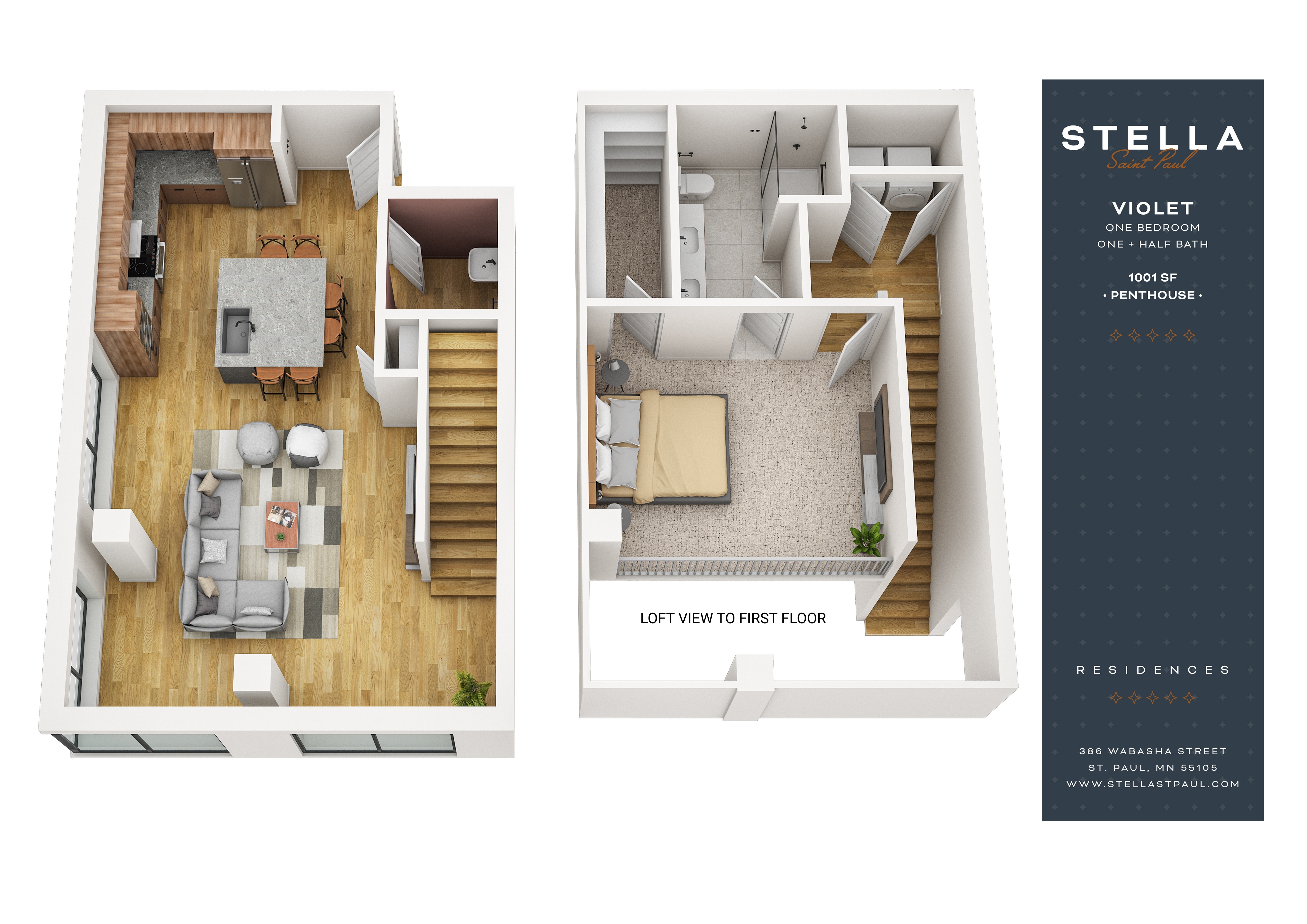A floor plan for a one bedroom apartment with a living room and kitchen on the first floor and a bedroom on the second floor.