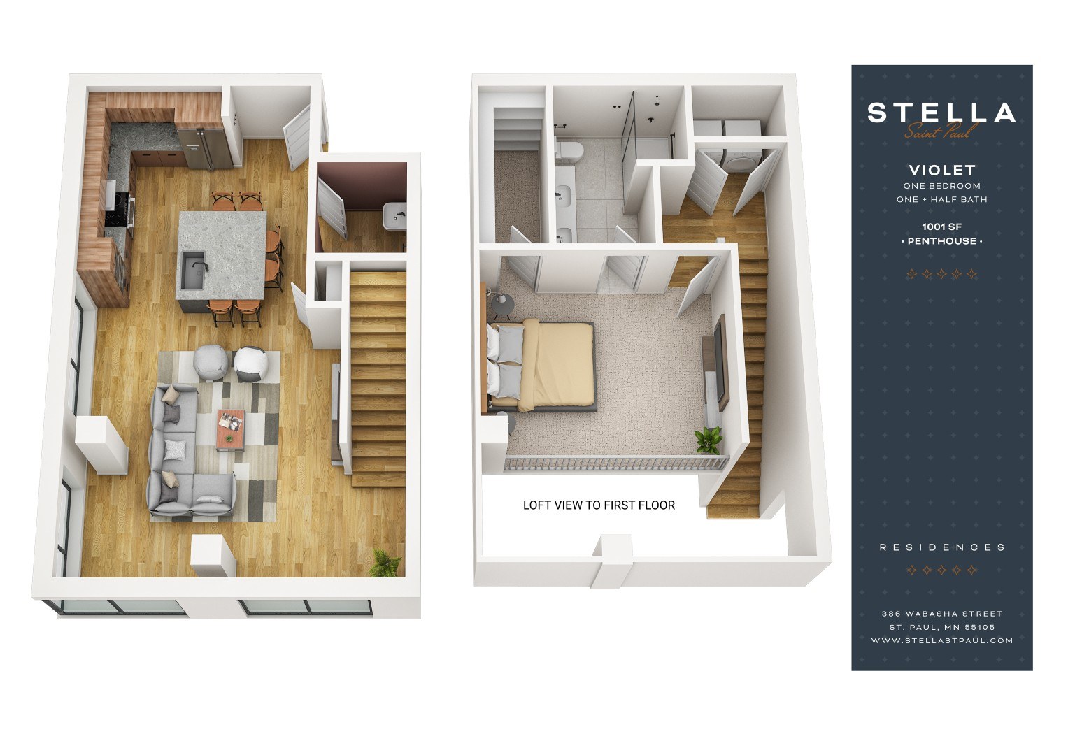 A floor plan for a one bedroom apartment with a living room and kitchen on the first floor and a bedroom on the second floor.