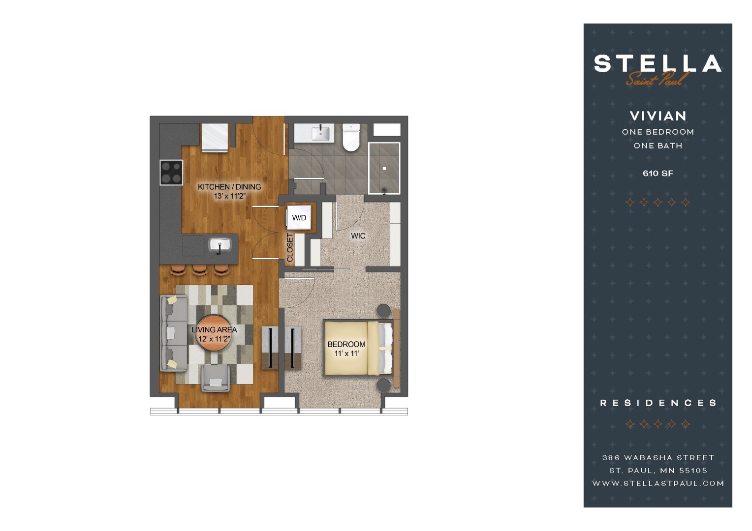 A floor plan for a Stella Residences apartment with one bedroom and one bath.