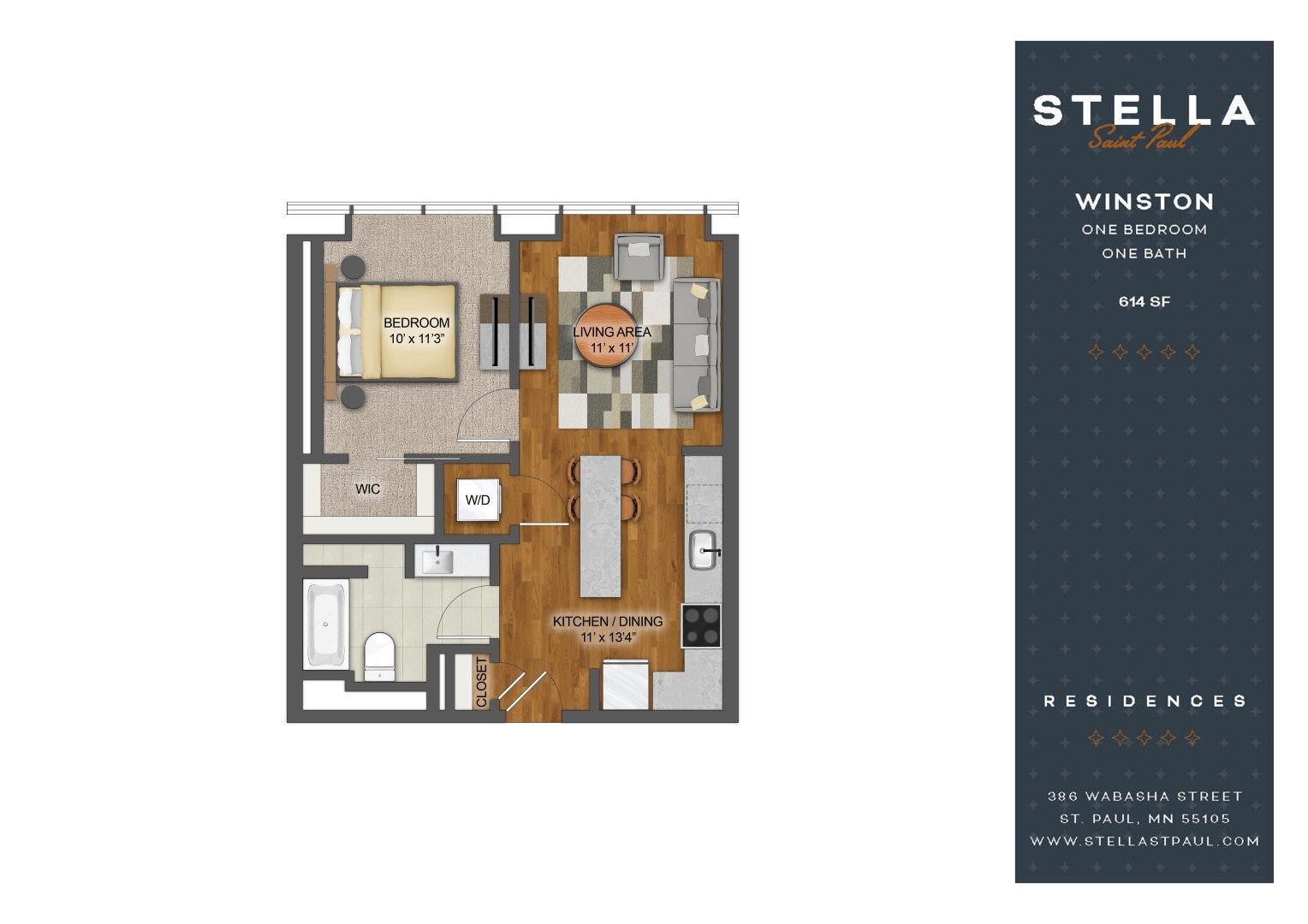 A floor plan of a one bedroom apartment with a living area and kitchen.