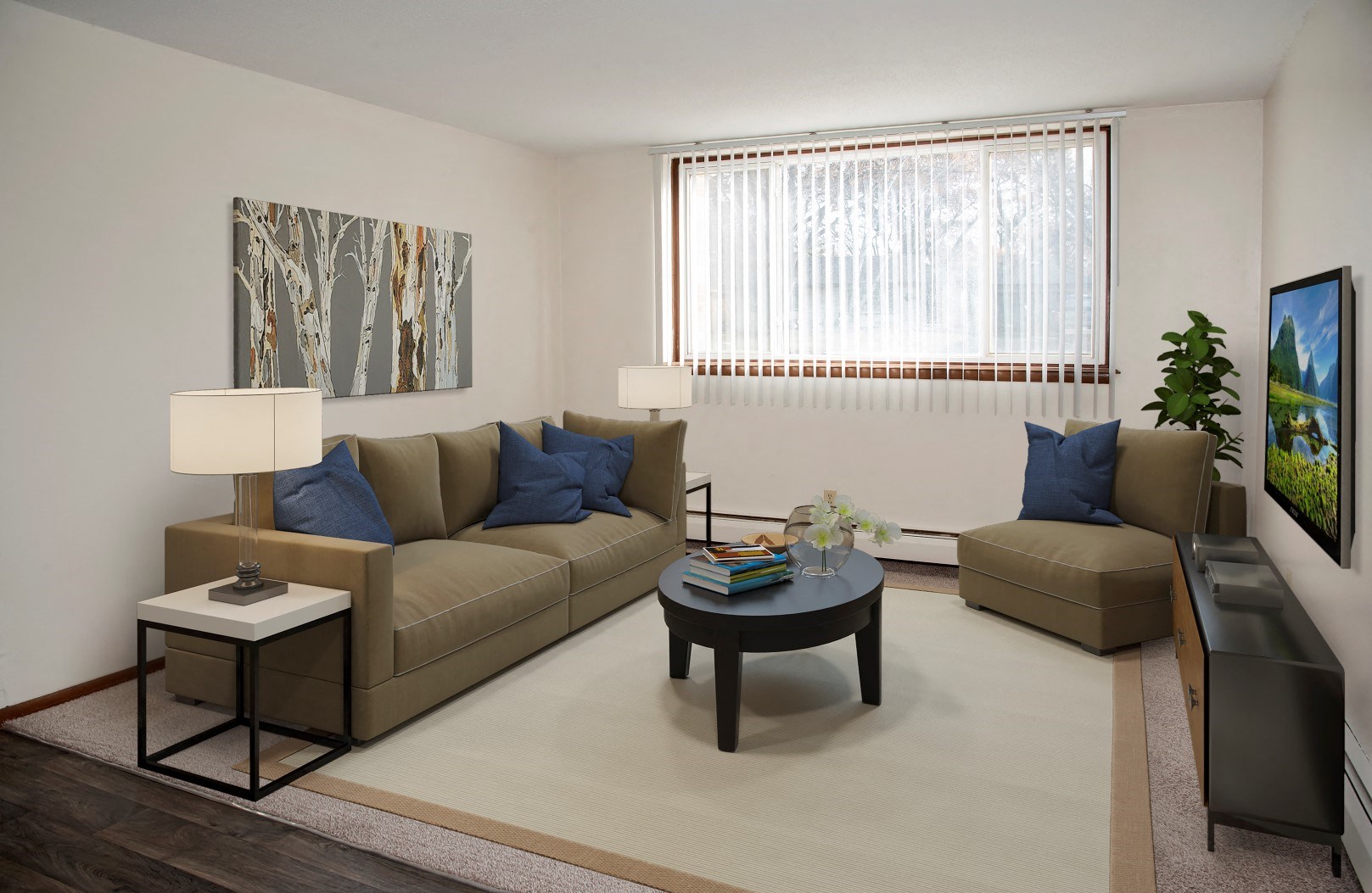 a living room with a couch and a table