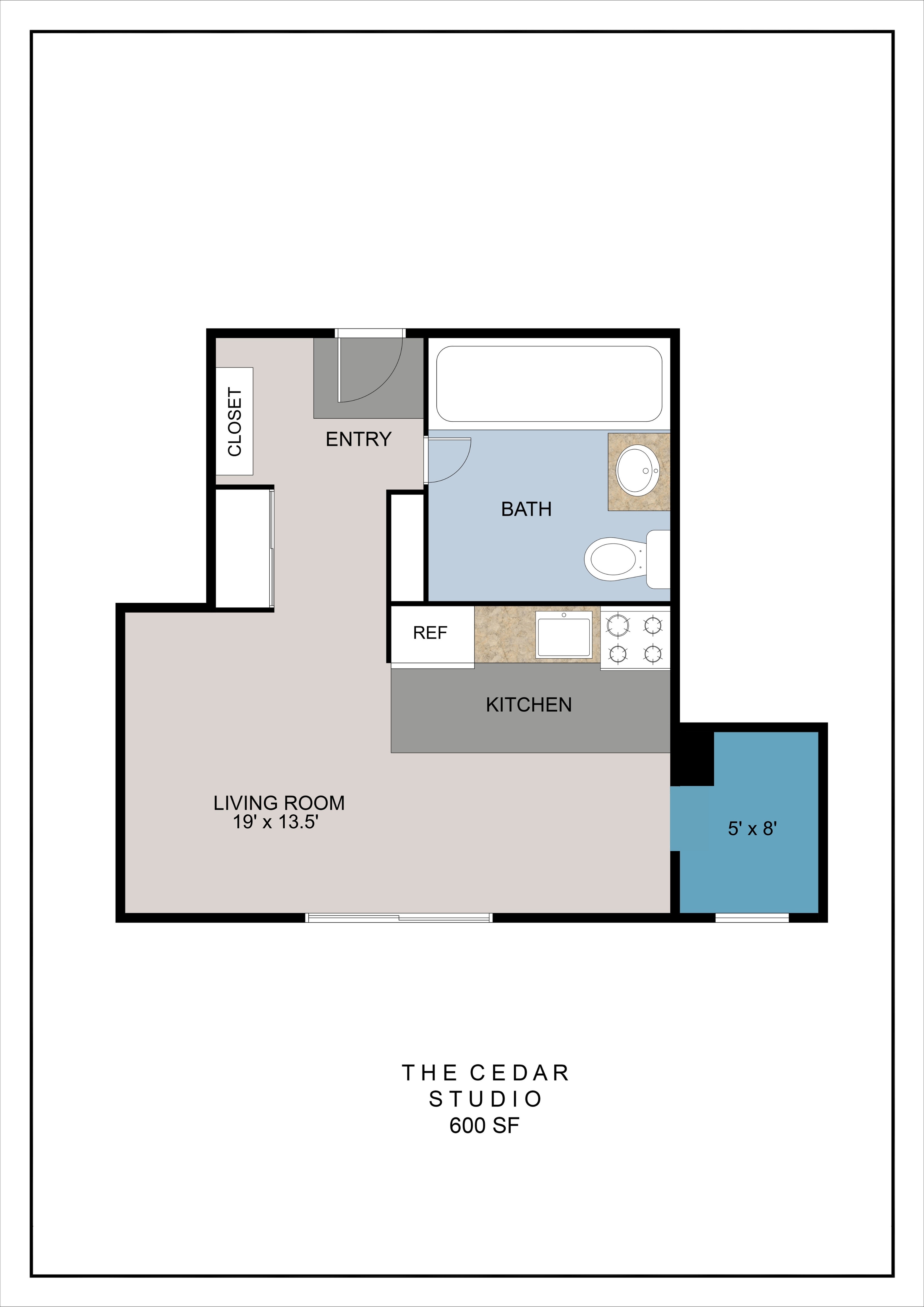 A floor plan of a home with a living room, kitchen, bathroom, and entry.