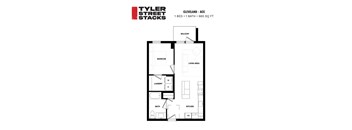 A floor plan for a 1 bedroom, 1 bathroom apartment at Tyler Street Stacks in Cleveland, Ohio.