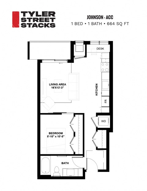 a floor plan of a one bedroom apartment at Tyler Street Stacks, Minneapolis, Minnesota 55413