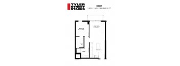 Kennedy one bed, one bath, 641-645 square foot apartment floor plan at Tyler Street Stacks in Minneapolis, MN