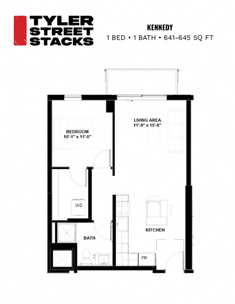 Kennedy one bed, one bath, 641-645 square foot apartment floor plan at Tyler Street Stacks in Minneapolis, MN