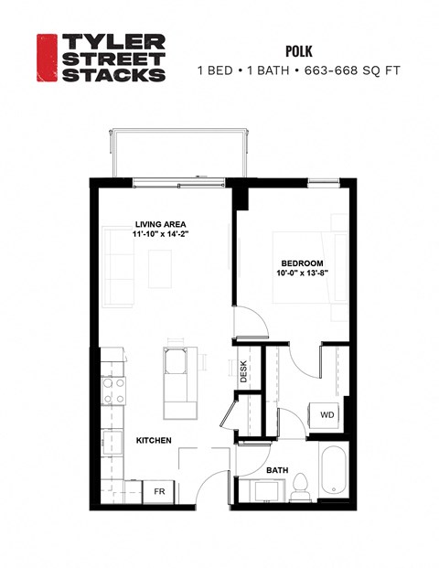 a floor plan of a bedroom apartment at Tyler Street Stacks, Minnesota