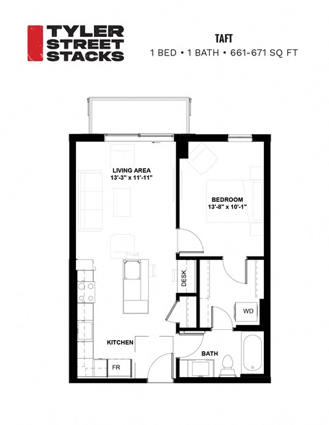 a floor plan of a bedroom apartment at Tyler Street Stacks, Minnesota, 55413