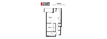 a floor plan of an alcove apartment at Tyler Street Stacks, Minneapolis