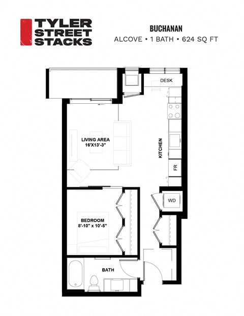 a floor plan of an alcove apartment at Tyler Street Stacks, Minneapolis