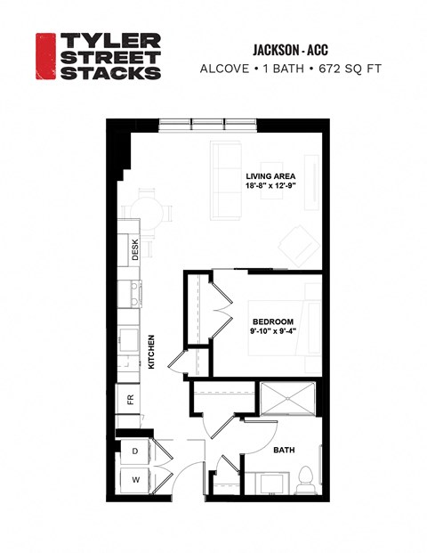 a floor plan of a bedroom apartment at Tyler Street Stacks, Minnesota