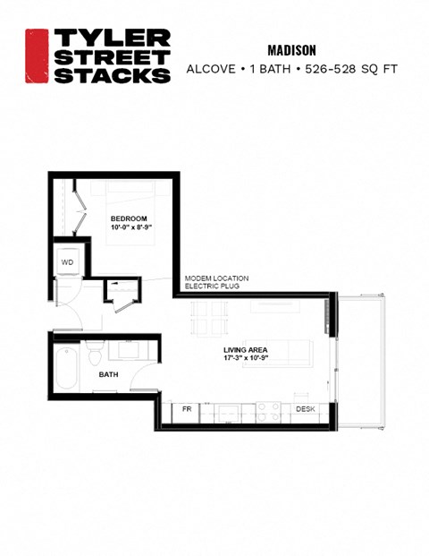 Madison alcove, one bath, 526-528 square foot apartment floor plan at Tyler Street Stacks in Minneapolis, MN