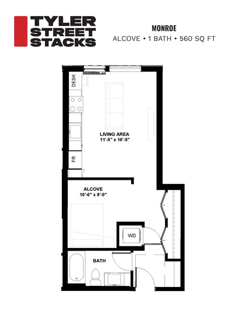 a floor plan for a small apartment with a bedroom and a bathroom