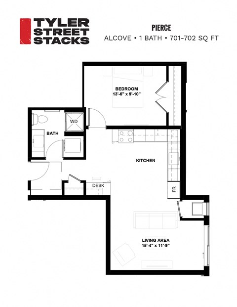 a floor plan of a bedroom apartment at Tyler Street Stacks, Minneapolis, MN