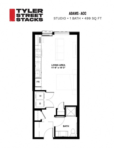 a floor plan of a bedroom apartment at Tyler Street Stacks, Minneapolis