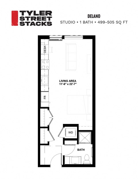 a floor plan of a bedroom apartment at Tyler Street Stacks, Minnesota