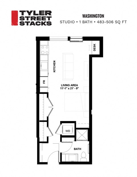 floor plan of a studio apartment at Tyler Street Stacks, Minneapolis, MN