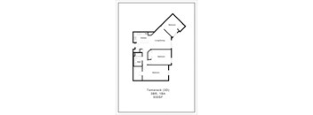 A black and white image of a floor plan for a Tamarack 3D, 3BR, 1BA, 930SF.