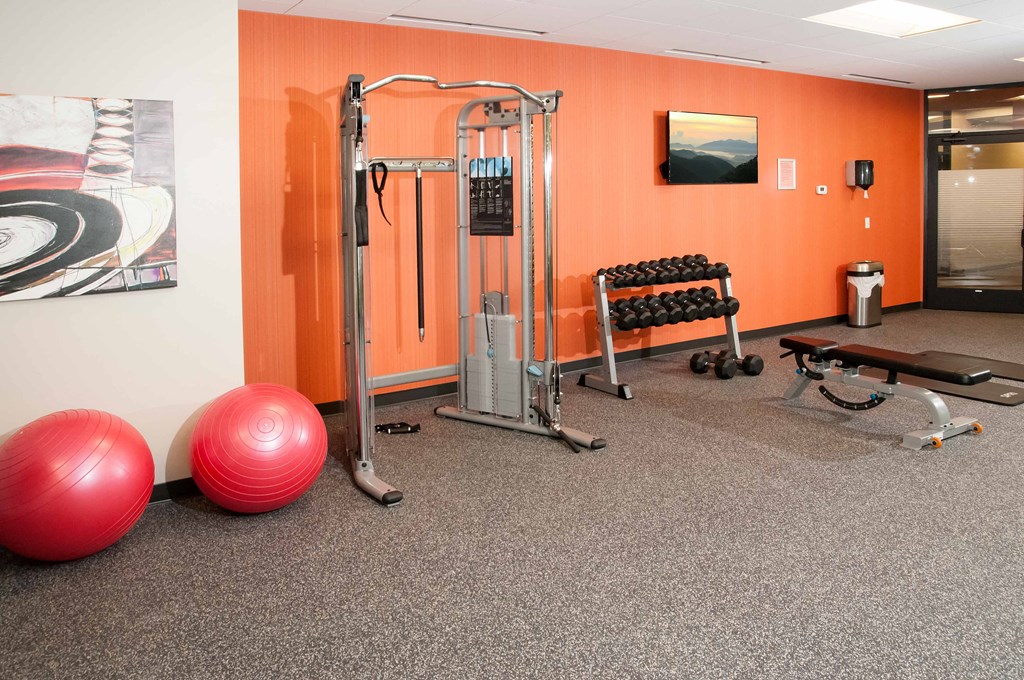 a treadmill and other exercise equipment in the fitness room