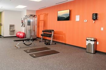 a fitness room with a treadmill and weights