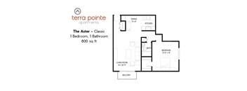 A floor plan for a 800 sq ft apartment with one bedroom and one bathroom.
