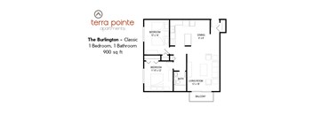 A floor plan for a 900 sq ft apartment with one bedroom and one bathroom.