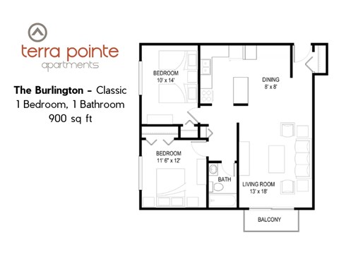 A floor plan for a 900 sq ft apartment with one bedroom and one bathroom.