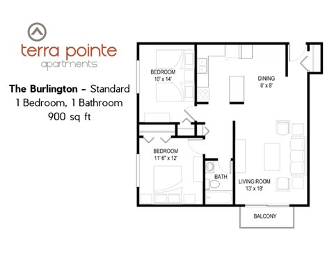 A floor plan for a 900 sq ft apartment with one bedroom and one bathroom.