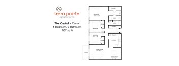 A floor plan for a 3 bedroom, 2 bathroom apartment of 1537 square feet.