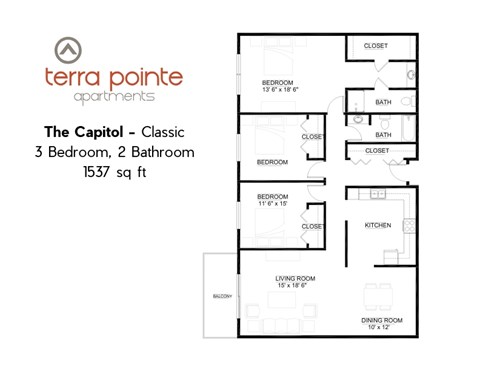 A floor plan for a 3 bedroom, 2 bathroom apartment of 1537 square feet.