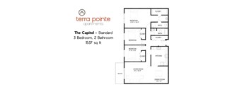 A floor plan for a 3 bedroom, 2 bathroom apartment of 1537 sq ft.