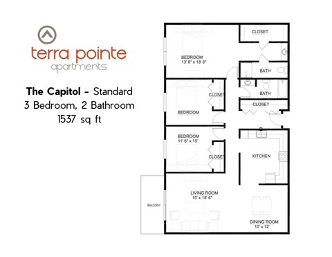 A floor plan for a 3 bedroom, 2 bathroom apartment of 1537 sq ft.